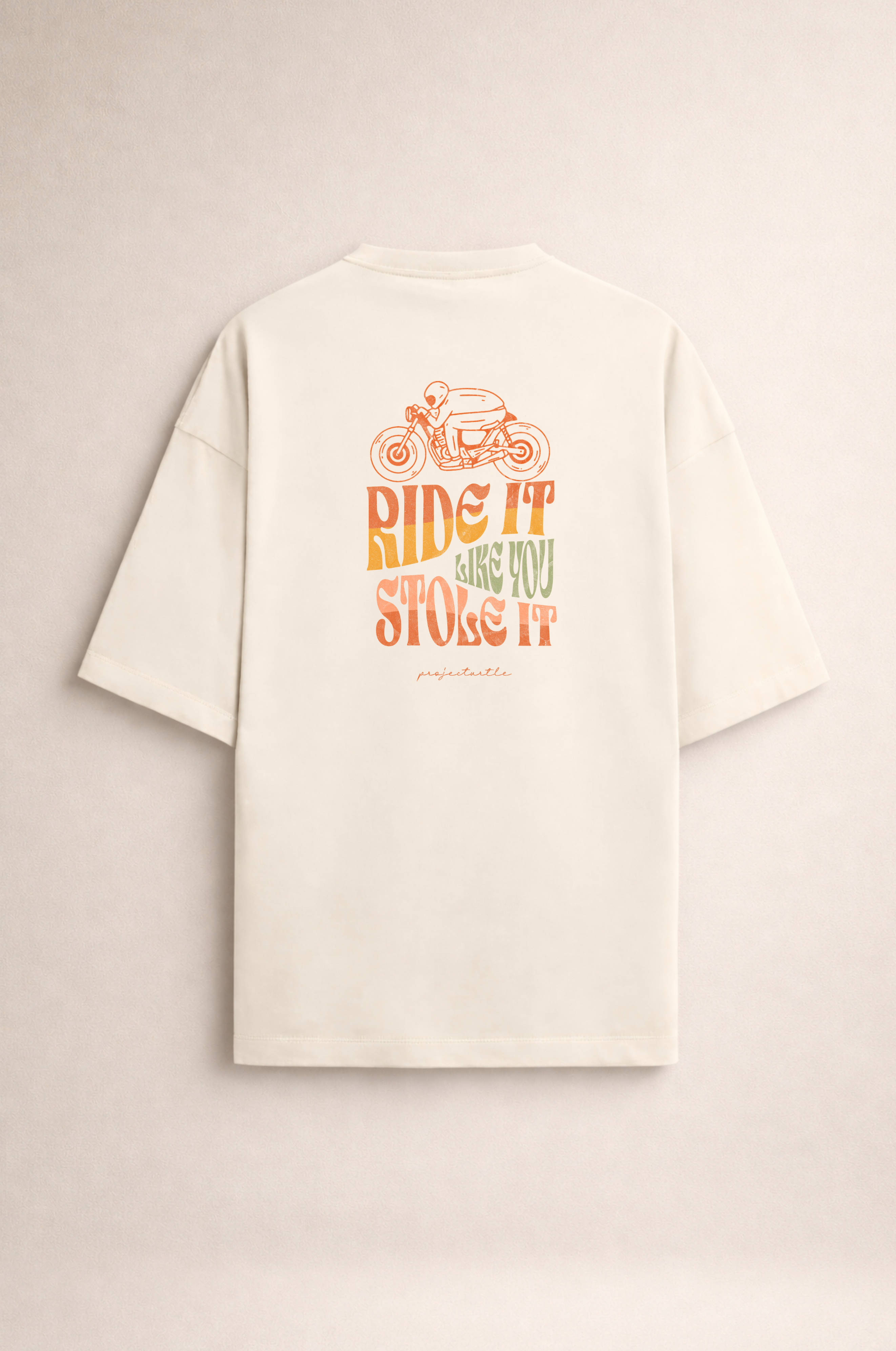 Project Turtle Ride It Like You Stole It Tee in black - front view with bold graphic