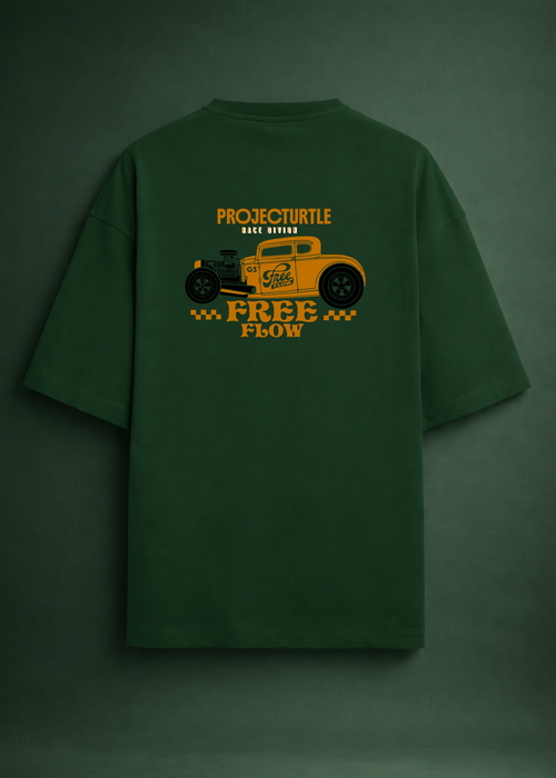 Project Turtle Free Flow Tee in green with moto graphic - front view