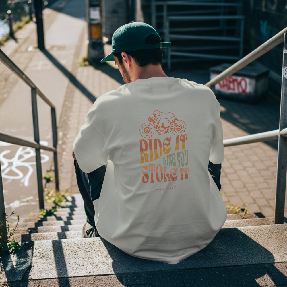 Project Turtle Ride It Like You Stole It Tee off white - mockup back