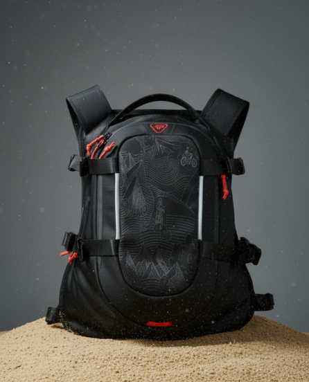 Project Turtle Shell 1 motorcycle backpack - front view with red accents